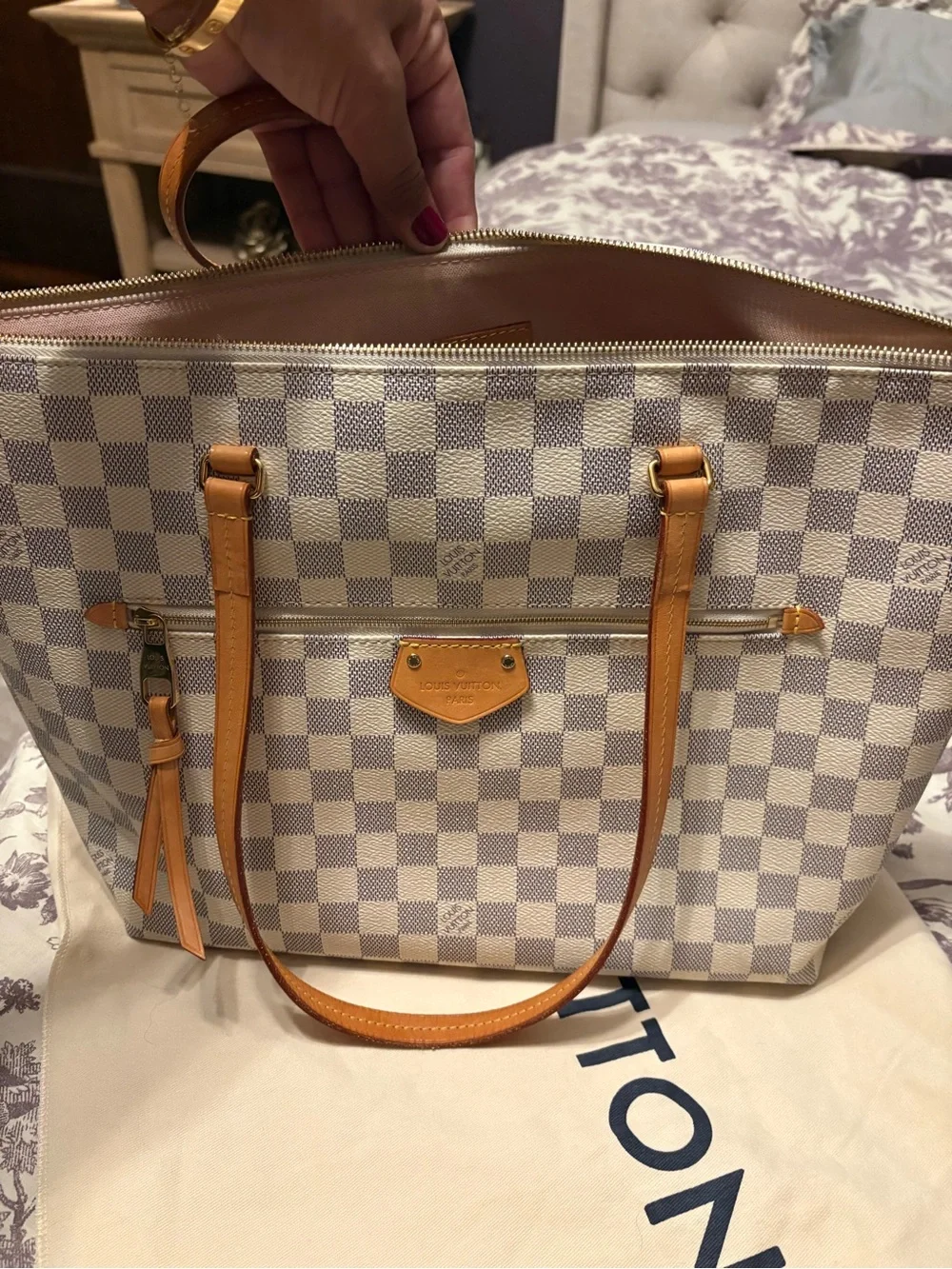 Louis Vuitton Damier Azur Iena MM Canvas Tote with rose ballerina pink interior